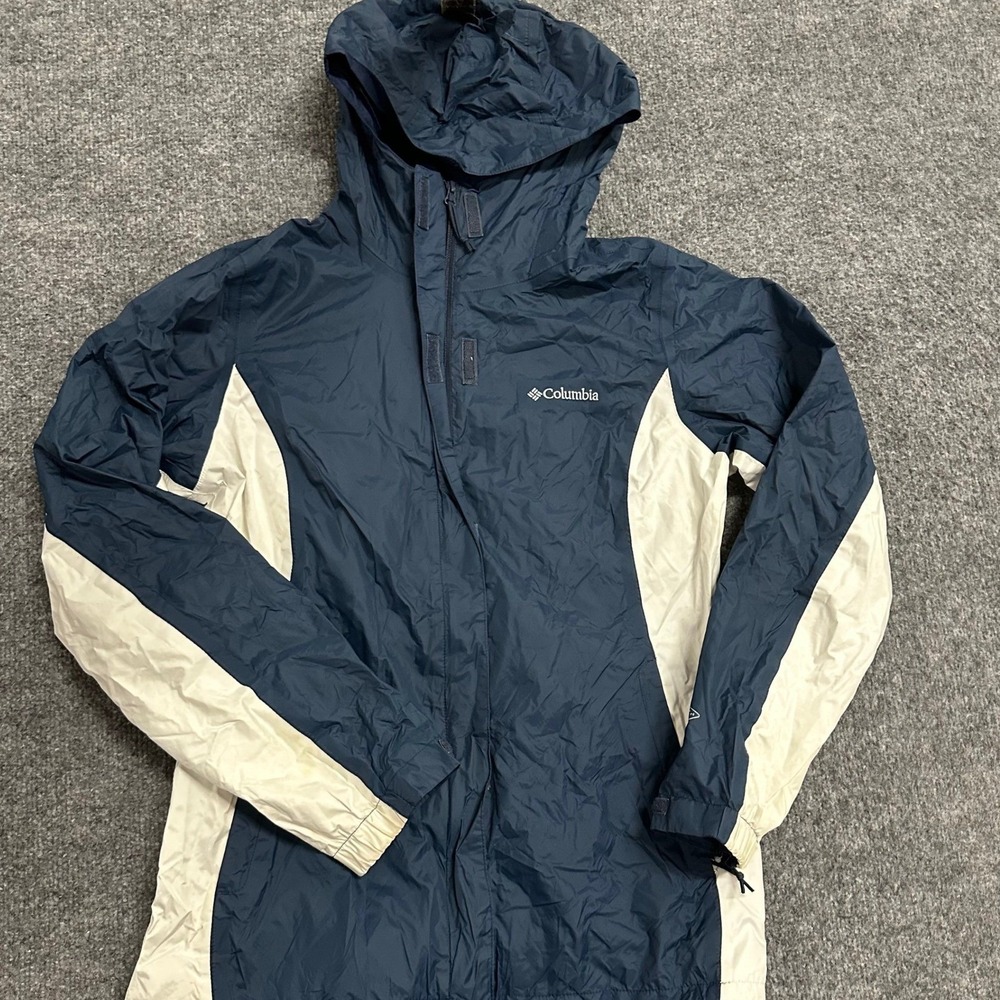 Columbia Rain Jacket Womens Size S Navy Blue Cream Hooded Mesh Lined Windbreaker
